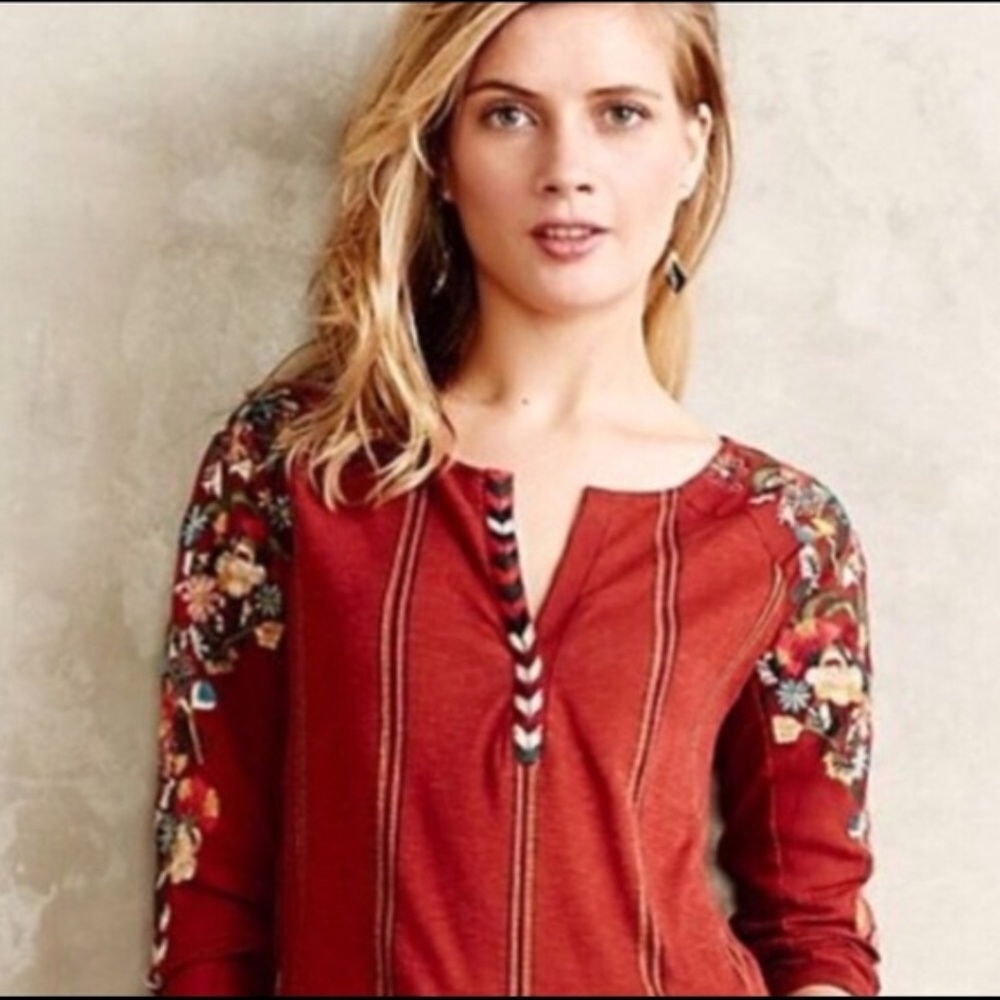 Anthropologie Embroidered Long Sleeve Top